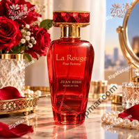 Thumbnail for Front of Jean Rish La Rouge Pour Femme eau de parfum red bottle with gold lettering and faceted red cap