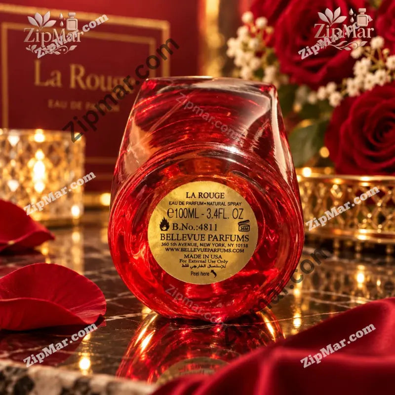 Base of Jean Rish La Rouge bottle with gold sticker showing eau de parfum 100 mL 3.4 fl oz, Bellevue Parfums and Made in USA