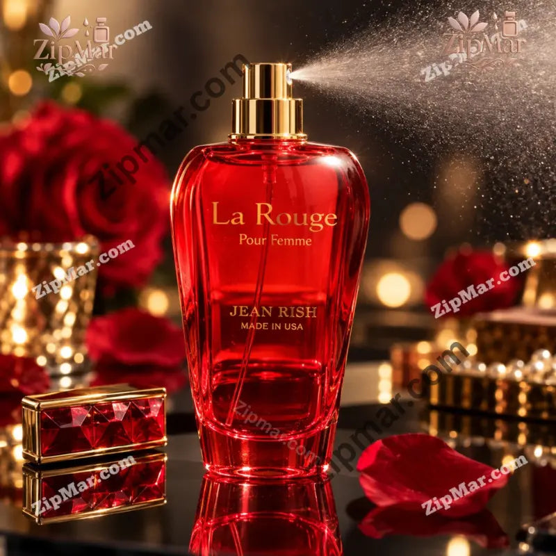 Jean Rish La Rouge Pour Femme red perfume bottle spraying a mist with its faceted red cap beside it