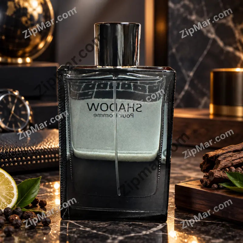 Jean Rish Shadow Pour Homme fragrance bottle with smoked black glass and silver cap, front view