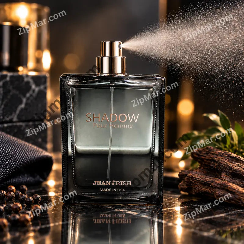 Jean Rish Shadow Pour Homme bottle spraying fine mist from silver tone spray cap