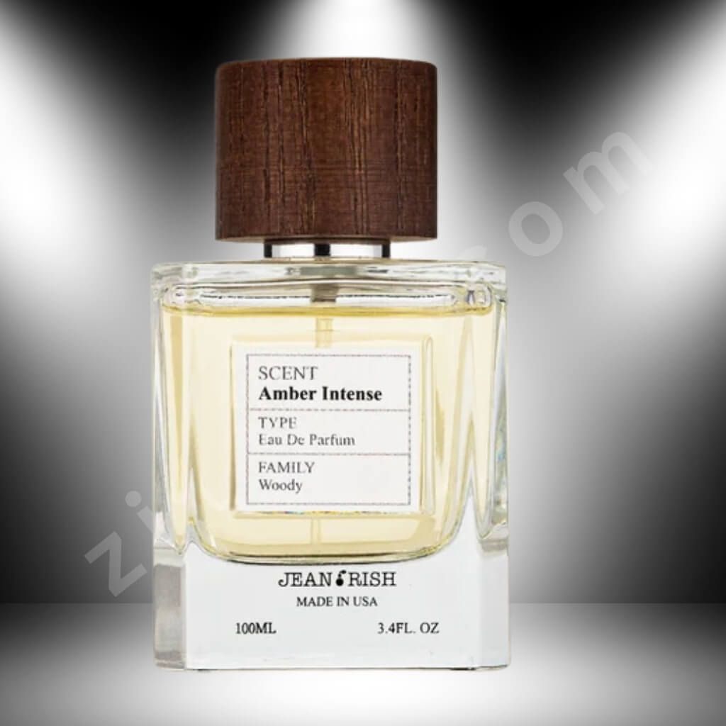 Perfume bottle labeled 'SCENT Amber Intense' by Jean Irish on a gray background