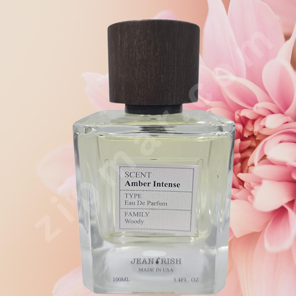 Perfume bottle labeled 'Amber Intense' with a pink flower in the background