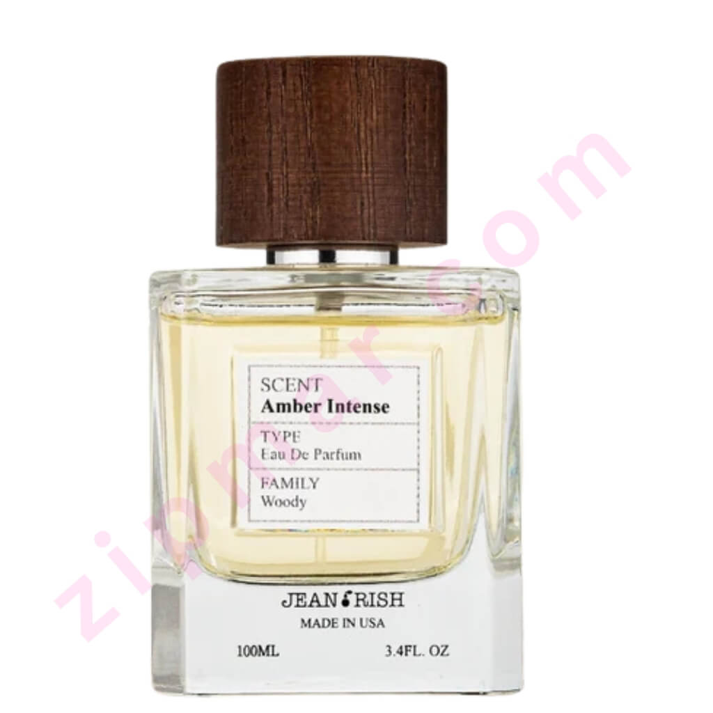 Perfume bottle labeled 'Amber Intense' by Jean Firth on a white background