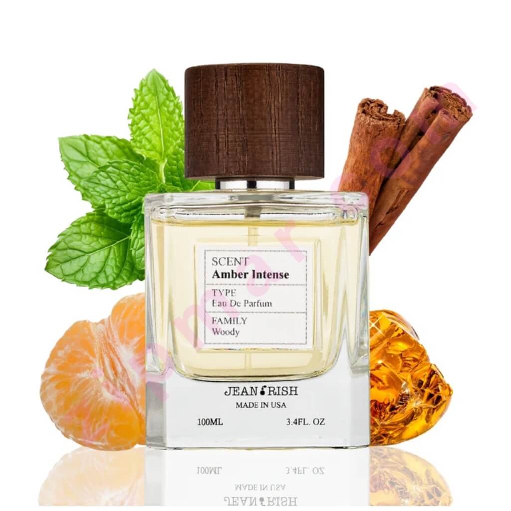 Perfume bottle labeled 'Scent Amber Intense' with mint, cinnamon stick, and orange peel on a white background