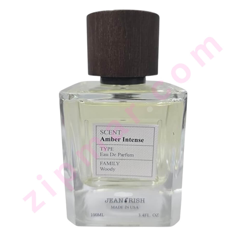 Perfume bottle labeled 'Scent Amber Intense' by Jean Rush on a white background