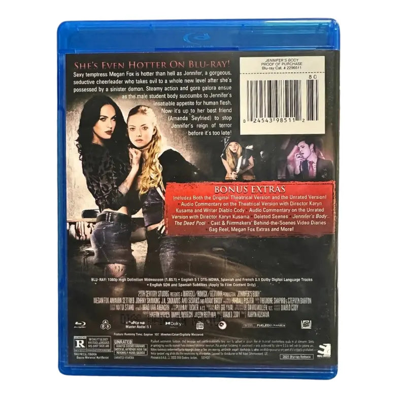 Jennifer's Body Blu-ray Back Cover Unrated Megan Fox Amanda Seyfried Bonus Extras Theatrical and Unrated Version 20th Century Fox ZipMar