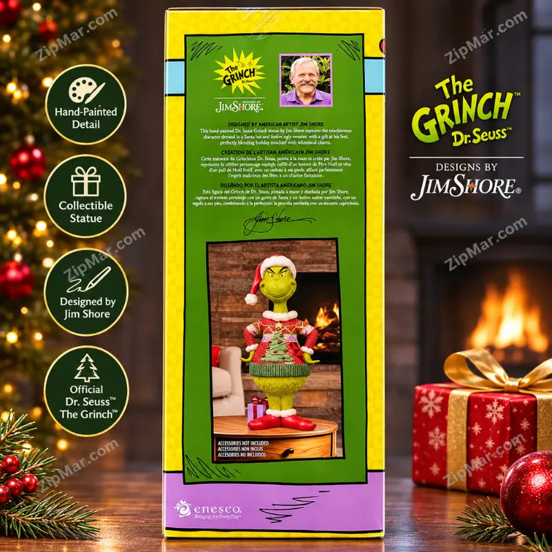 Jim Shore Grinch in Ugly Sweater Statue box back panel with designer photo, signature and description in three languages