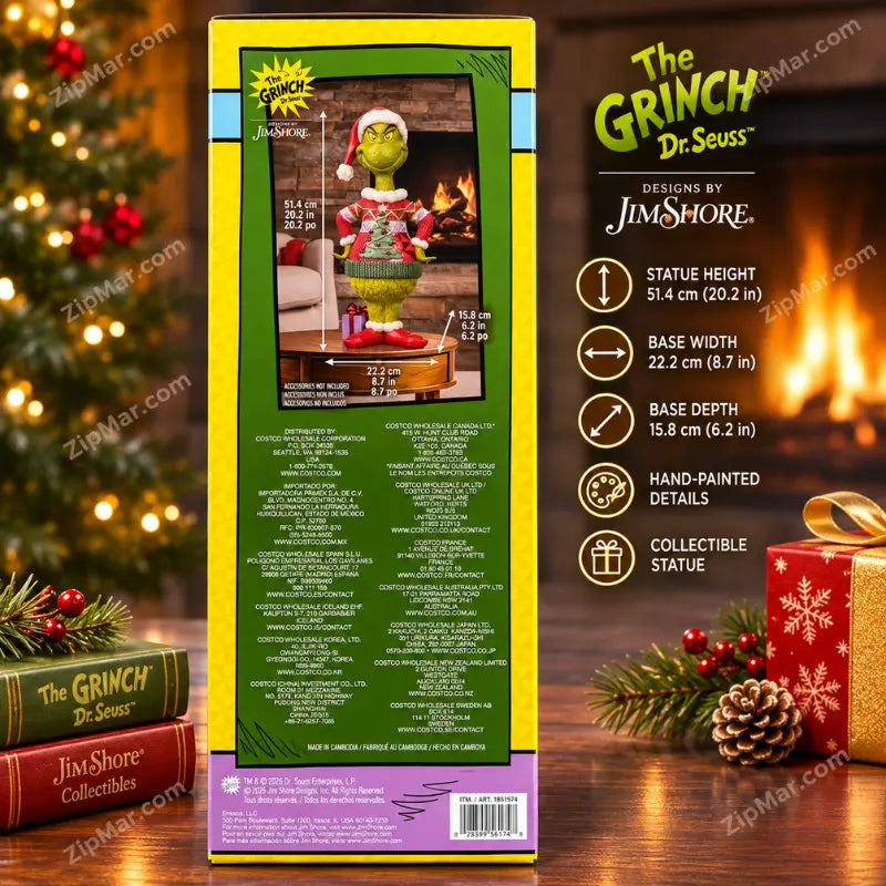 Jim Shore Grinch in Ugly Sweater Statue box back panel with size diagram, distributor addresses and Made in Cambodia