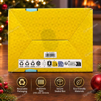 Thumbnail for Jim Shore Grinch in Ugly Sweater Statue yellow box bottom with item number 1851574, barcode and recycling symbols