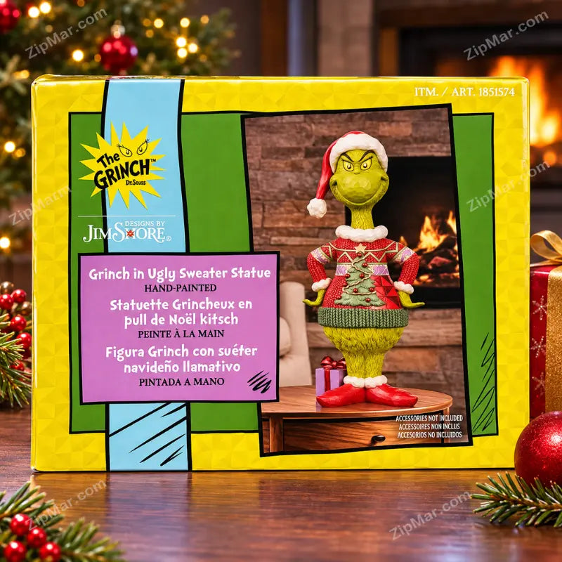 Jim Shore Grinch in Ugly Sweater Statue box end panel with hand painted title and item number 1851574