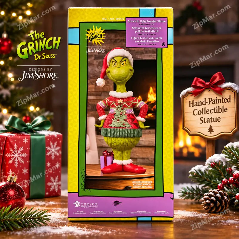 Jim Shore Grinch in Ugly Sweater Statue box side panel showing the Grinch in a Santa hat and red ugly sweater
