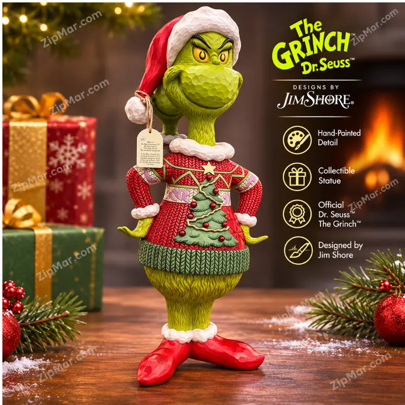 Jim Shore Dr Seuss The Grinch in Ugly Sweater Statue hand painted with Santa hat, red sweater and red shoes