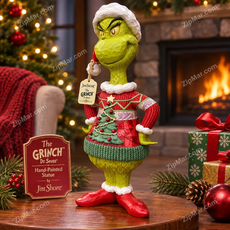 Jim Shore Grinch in Ugly Sweater Statue hand painted with hang tag, Santa hat, Christmas tree sweater and red shoes