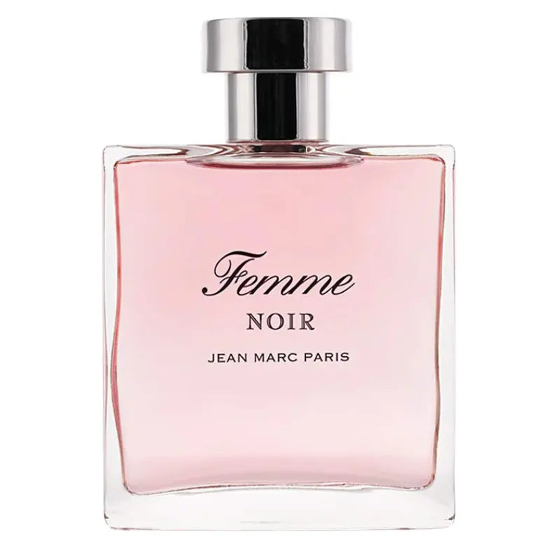 Clear close-up view of the 100ml Jean Marc Paris Femme Noir perfume bottle, highlighting the signature label and pink liquid.