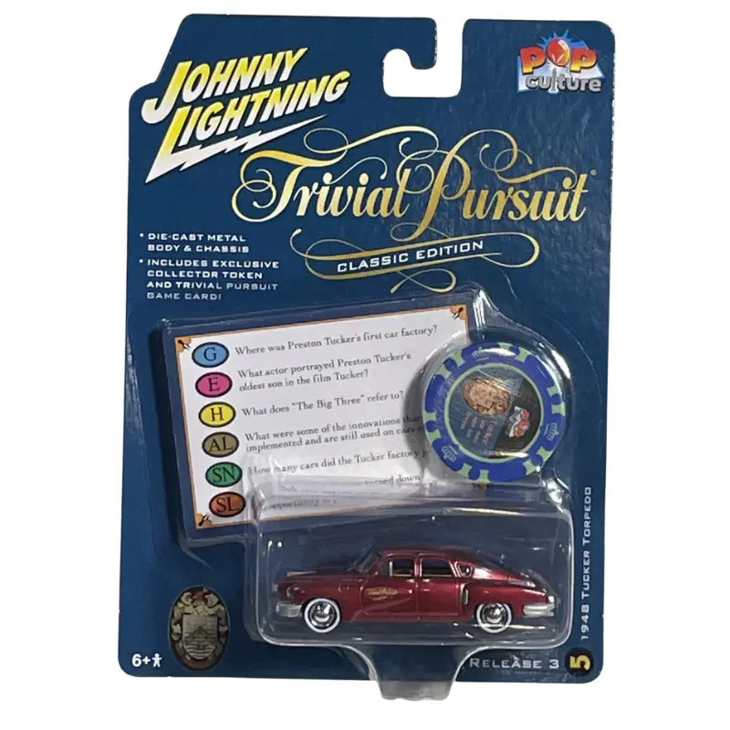 Front three-quarter view of the 1:64 scale Johnny Lightning 1948 Tucker Torpedo in Maroon Metallic.