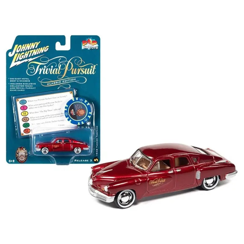 Rear angle view of the maroon metallic 1948 Tucker Torpedo diecast car showing chrome bumper.