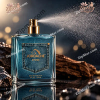 Thumbnail for Jordache Stone for Men eau de toilette bottle with denim pocket design and gold cap spraying a fine mist