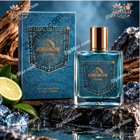 Thumbnail for Jordache Stone for Men 3.4 oz eau de toilette box beside its denim pocket bottle with gold cap on dark rock