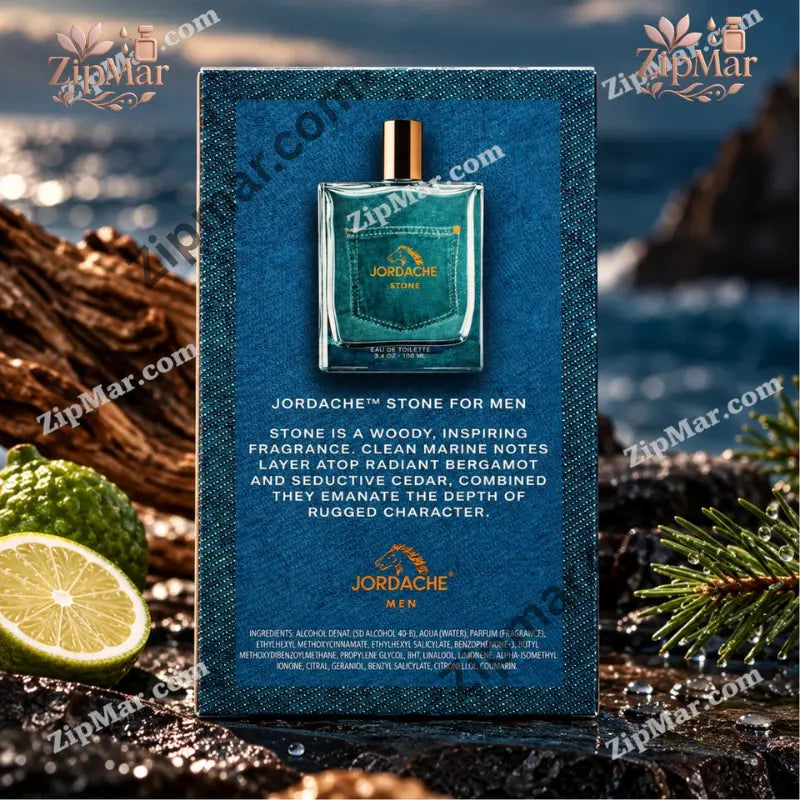 Back of Jordache Stone for Men box with woody marine description, bergamot and cedar notes and ingredients list