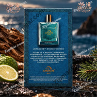 Thumbnail for Back of Jordache Stone for Men box with woody marine description, bergamot and cedar notes and ingredients list