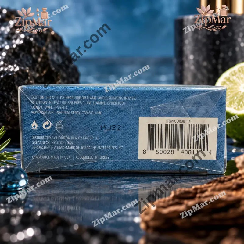Back of Jordache Stone box with caution text, distributor Horizon Beauty Group, barcode and item number JORD8114