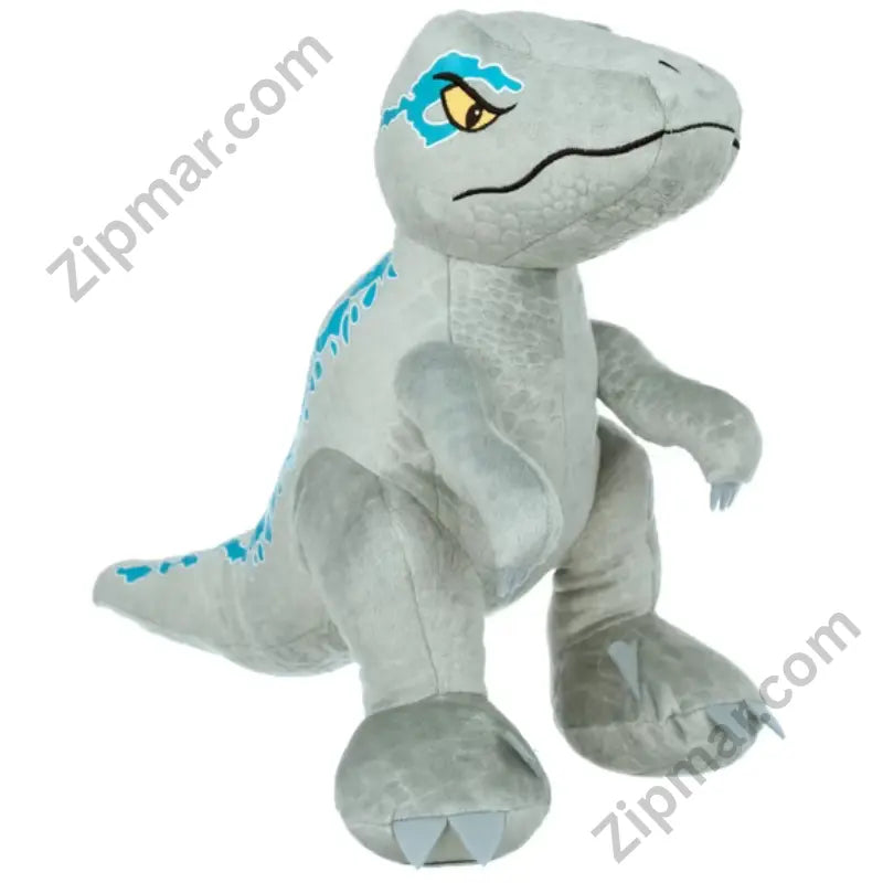 Jurassic World Blue velociraptor standing plush stuffed animal front-left view gray body with large teal blue eye patch, teal chest stripe and tail markings amber yellow embroidered eye  light blue clawed toenails upright bipedal standing pose officially licensed Jurassic World dinosaur plush