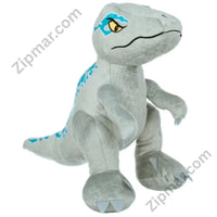 Thumbnail for Jurassic World Blue velociraptor standing plush stuffed animal front-left view gray body with large teal blue eye patch, teal chest stripe and tail markings amber yellow embroidered eye  light blue clawed toenails upright bipedal standing pose officially licensed Jurassic World dinosaur plush