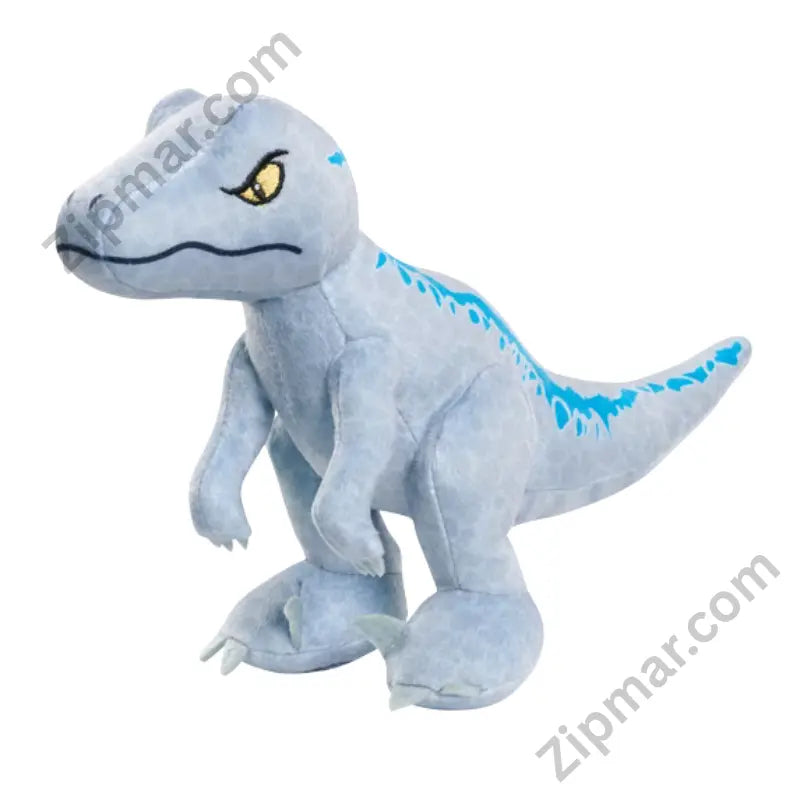 Jurassic World Blue velociraptor standing plush right-side view teal blue back stripe and side markings full upright standing stance with tail extended for balance gray blue-gray plush body scale texture fabric amber eye detail clawed feet and arms