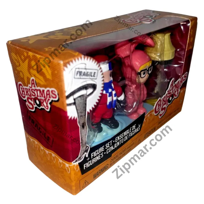 Side angle view of Just Play A Christmas Story collectible figure set box showing Fragile leg lamp graphic