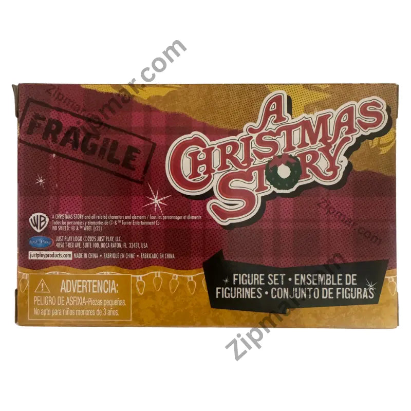 Back of Just Play A Christmas Story figure set packaging with Warner Bros copyright and safety warnings