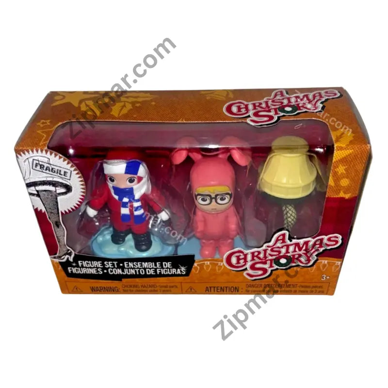Just Play A Christmas Story 3-piece figure set in window box featuring Ralphie in pink bunny suit, Randy in snowsuit, and Leg Lamp