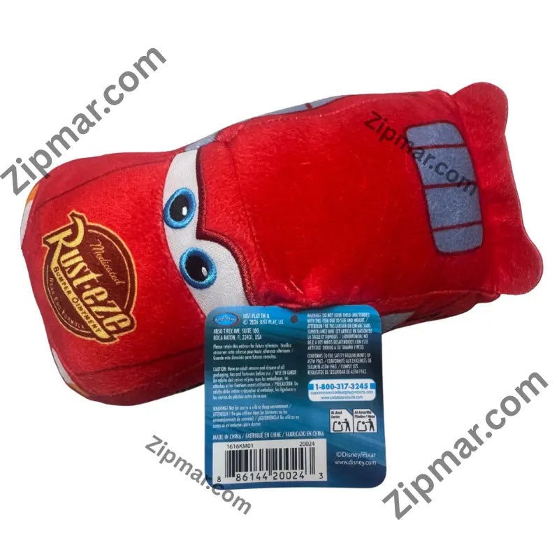 Lightning McQueen plush with back tag showing Just Play address, Made in China and barcode