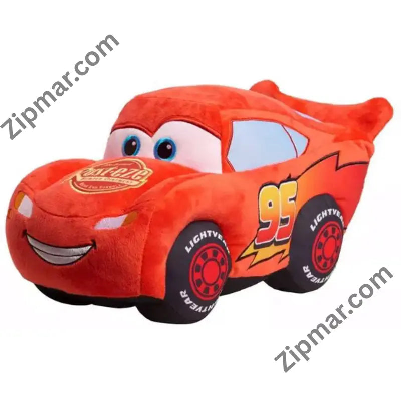 Red Lightning McQueen plush race car, front three quarter view with Rust-eze logo and smile