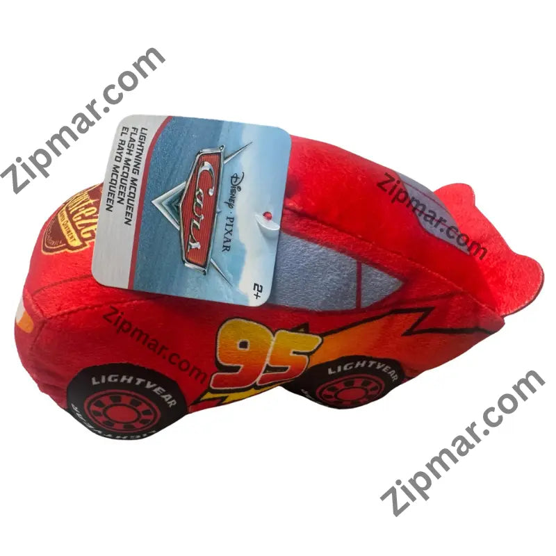 Side view of Lightning McQueen plush with Disney Pixar Cars hang tag, number 95 and Lightyear tires