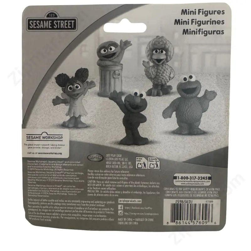 Back of Just Play Sesame Street Mini Figures 5-Pack retail blister card showing all five character figures and product details