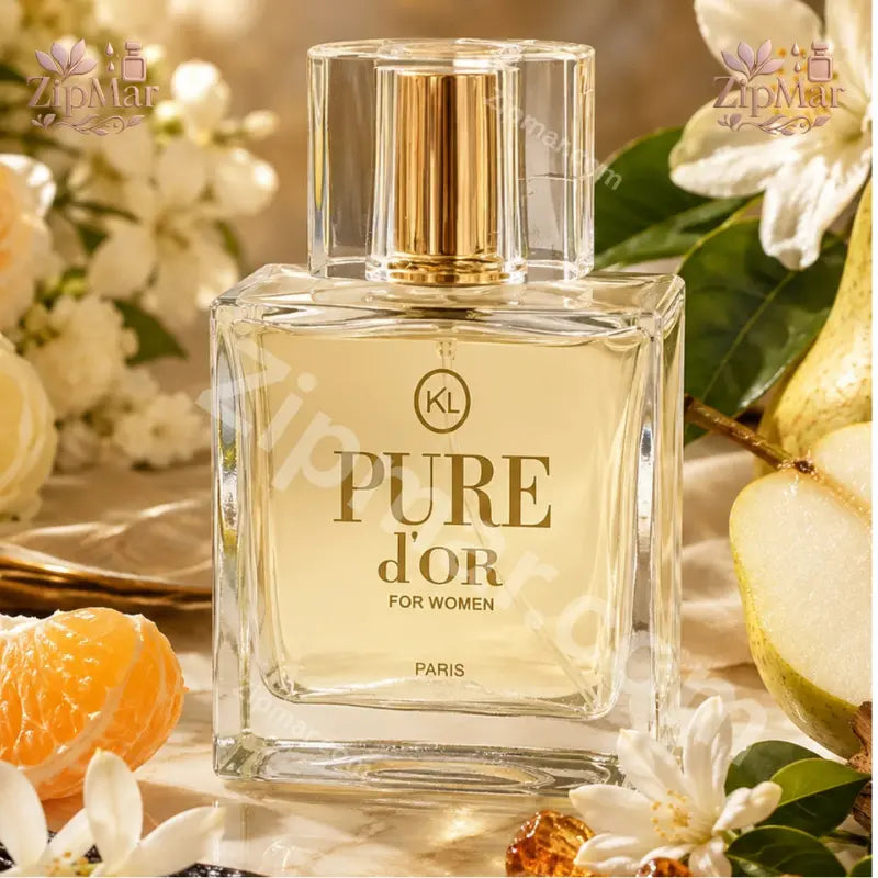 Front view of Karen Low Pure d'Or Eau de Parfum 3.4 fl oz bottle surrounded by citrus and white flowers