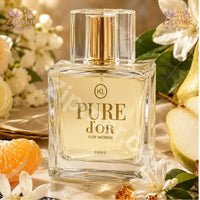 Thumbnail for Front view of Karen Low Pure d'Or Eau de Parfum 3.4 fl oz bottle surrounded by citrus and white flowers