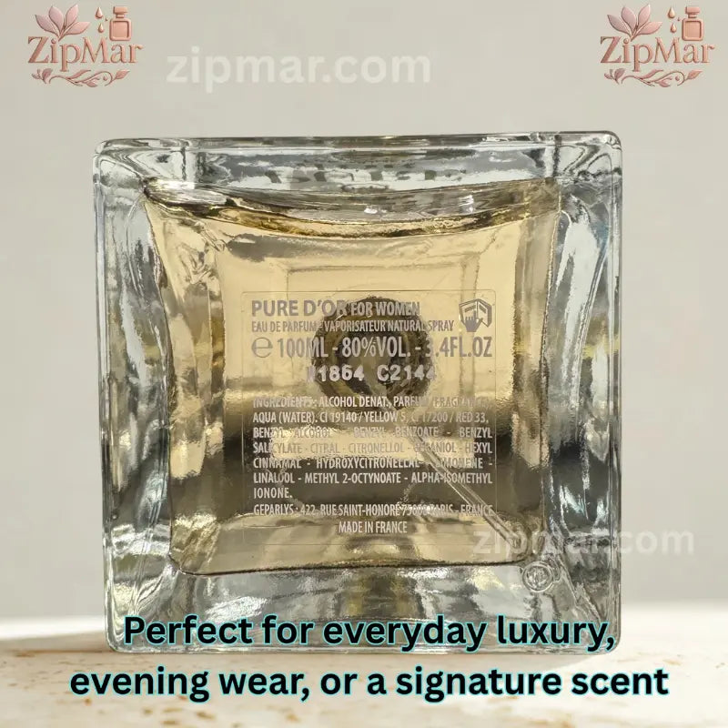 Bottom label of Karen Low Pure d'Or bottle showing 100ml size, batch code 1864 C2144, and Made in France