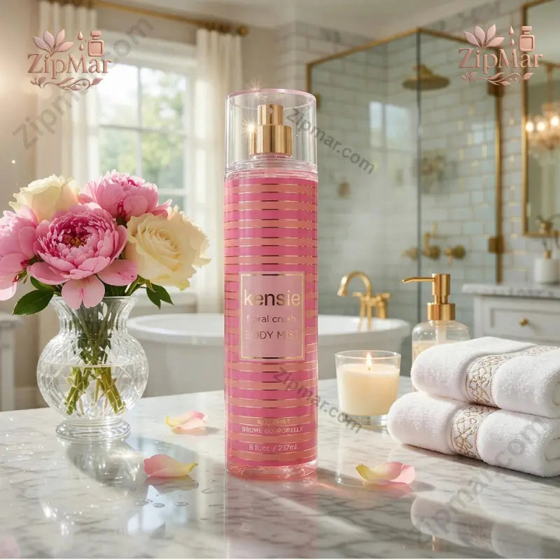 kensie Floral Crush Body Mist 8 fl oz bottle with pink peonies on white marble bathroom counter