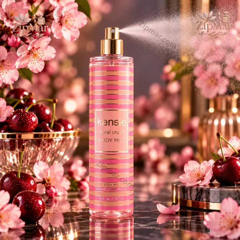 kensie Floral Crush Body Mist 8 fl oz pink and gold spray bottle with cherry blossoms and cherries on dark marble