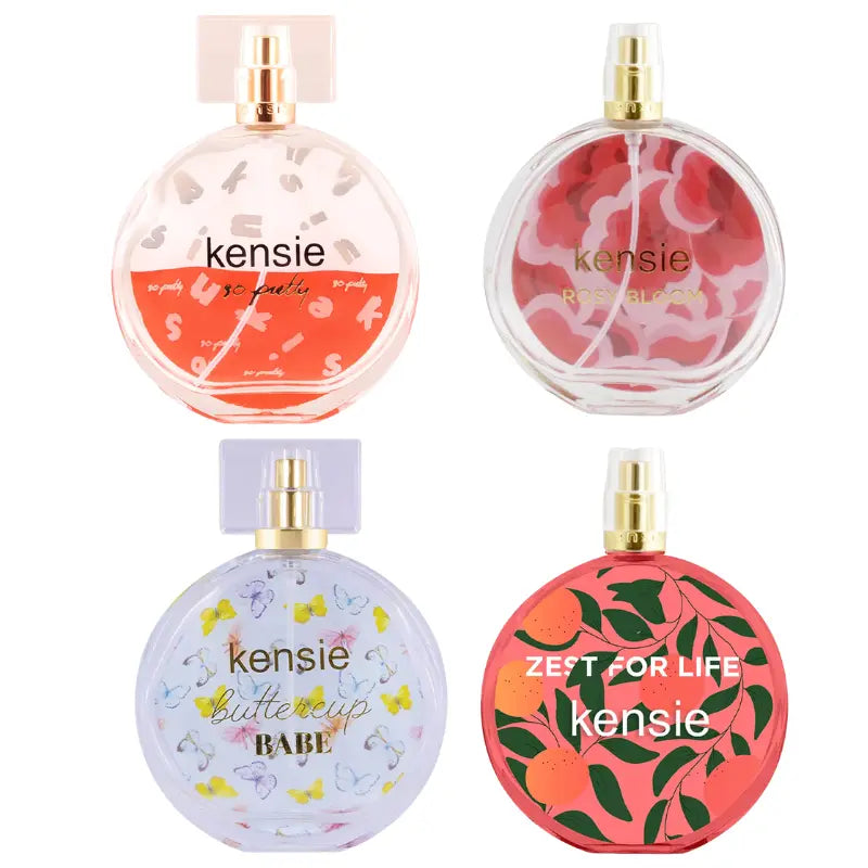 Kensie So Pretty Rosy Bloom Buttercup Babe Zest for Life four mini perfume bottles flat lay