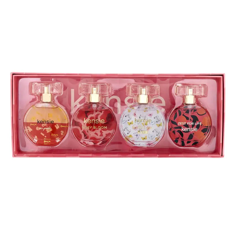 Kensie Fragrance Collection gift set pink box front with four mini perfume bottles displayed