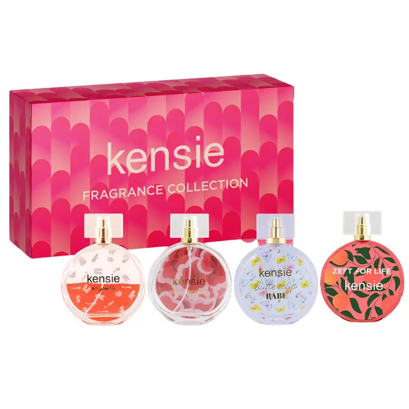 Kensie Fragrance Collection 4-piece mini perfume gift set open box showing all four bottles So Pretty Rosy Bloom Buttercup Babe Zest for Life