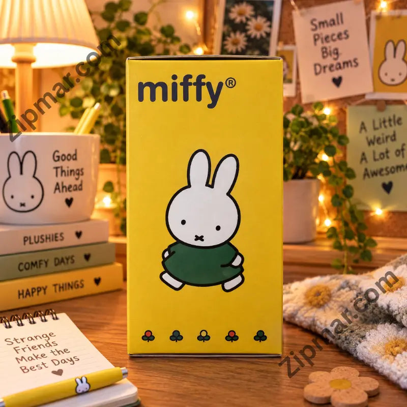 Yellow Miffy Color Pop plush keychain box on a desk with cozy props