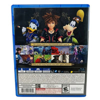 Thumbnail for Kingdom Hearts III PS4 back cover showing Sora Donald Goofy Disney worlds PS4 Pro specs ESRB E10 Square Enix