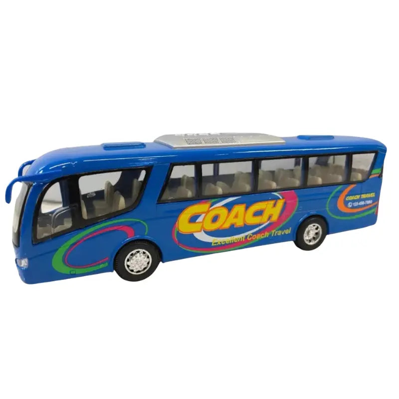Blue Kinsfun diecast coach travel bus toy for kids and collectors.