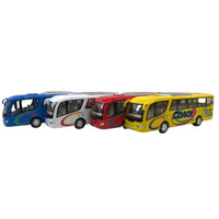 Thumbnail for Collection of four Kinsfun diecast coach buses in blue, white, red, and yellow.