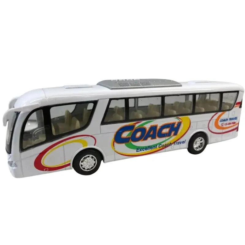 White Kinsfun diecast coach travel bus toy with opening door detail.