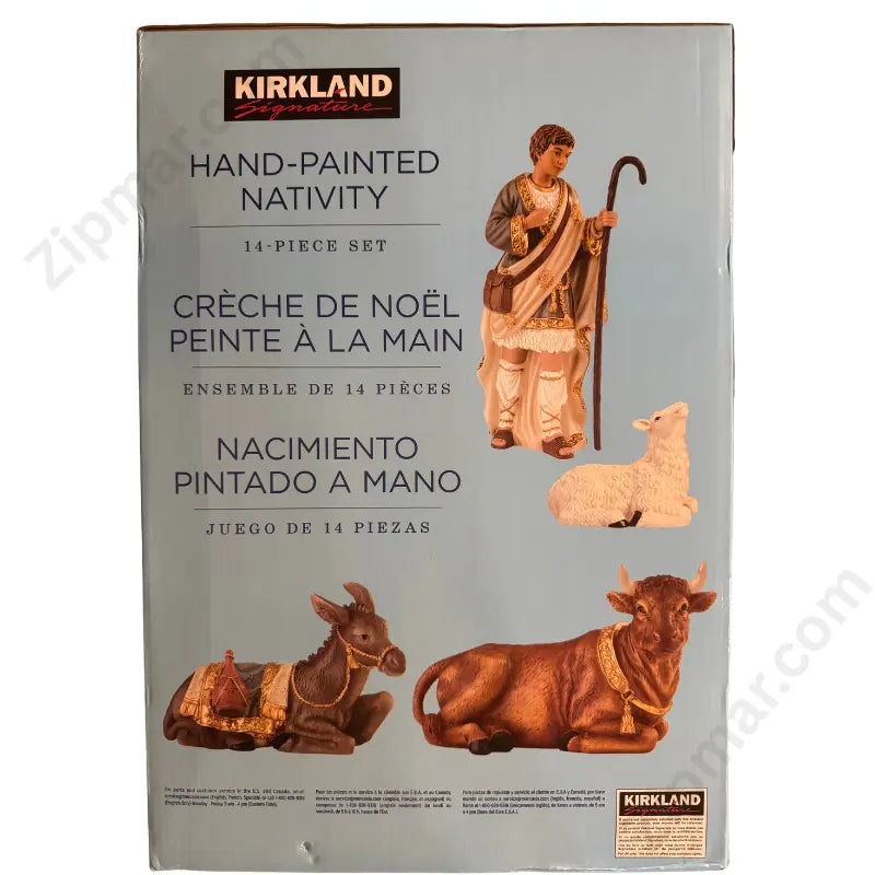 Kirkland Signature Hand-Painted Nativity set box back showing shepherd, ox, donkey, and lamb figurines